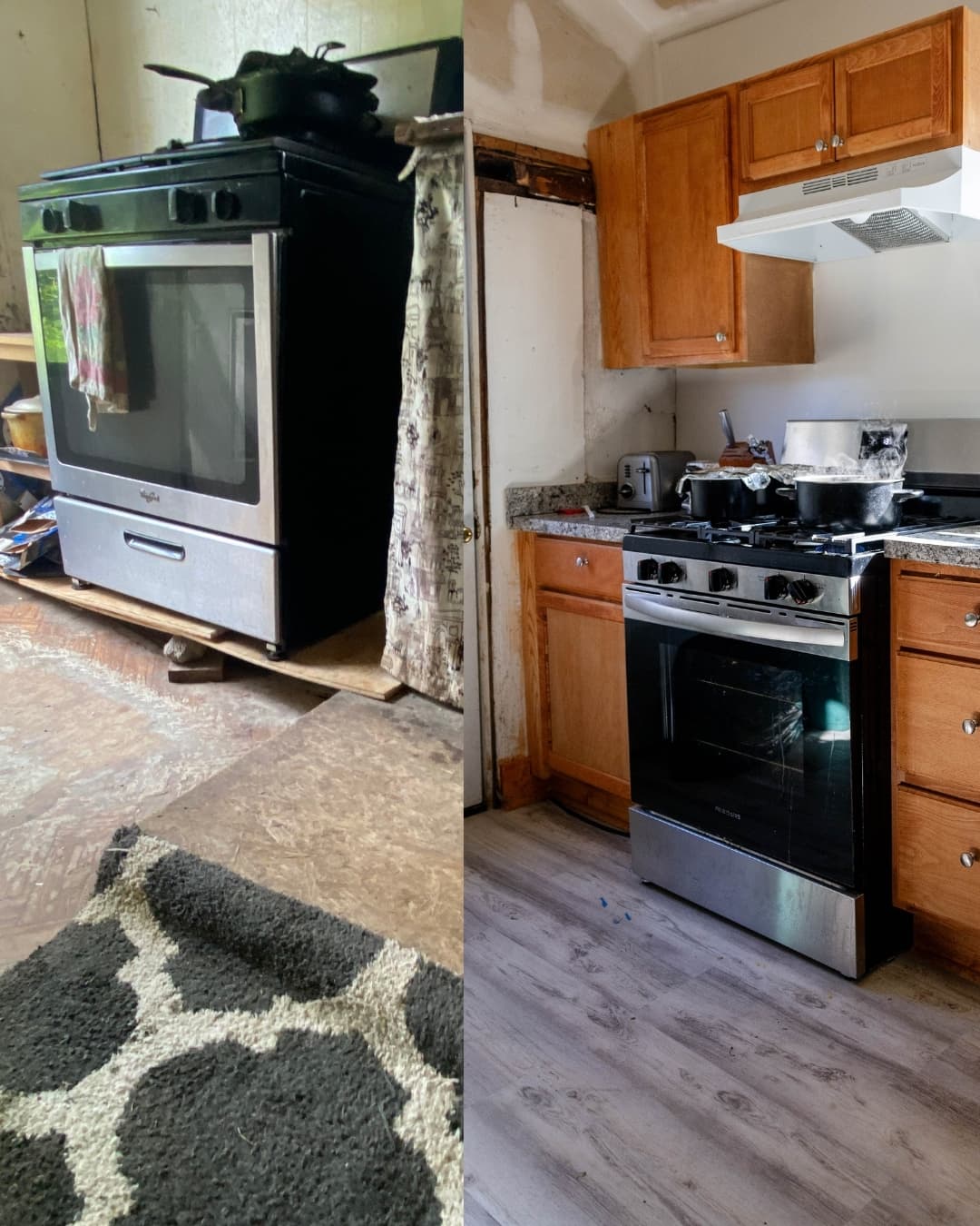 A side by side comparison of a kitchen floor, before and after repairs were completed.